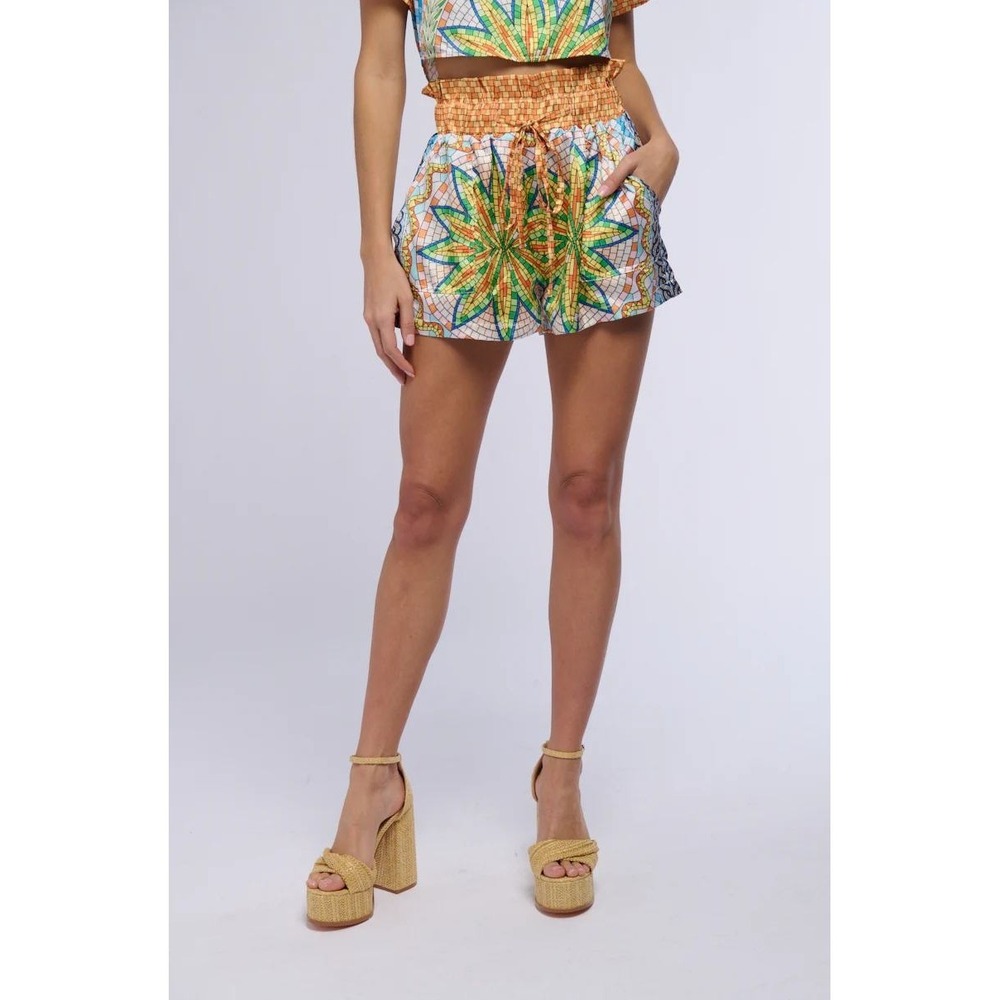 AKIRA women's shorts Mosaic Satin Geometric print 389583 NWT Bright bold Small